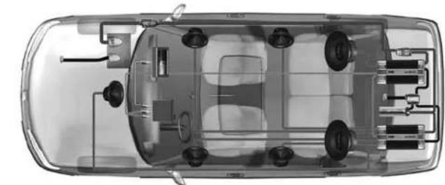 Top-down schematic of a car showing internal components and wiring (no text or labels)