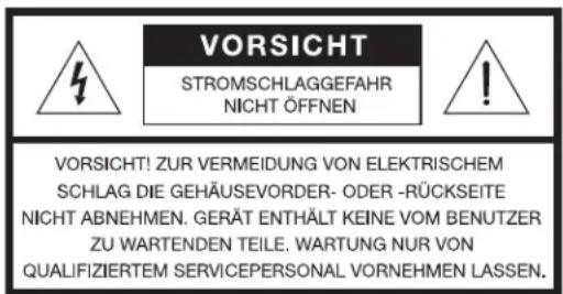 VORSICHT STROMSCHLAGGEFAHR NICHT ÖFFNEN VORSICHT! ZUR VERMEIDUNG VON ELEKTRISCHEM SCHLAG DIE GEHÄUSEVORDER- ODER - RÜCKSEITE NICHT ABNEHMEN. GERÄT ENTHÄLT KEINE VOM BENUTZER ZU WARTENDEN TEILE. WARTUNG NUR VON QUALIFIZIERTEM SERVICEPERSONAL VORNEHMEN LASSEN.