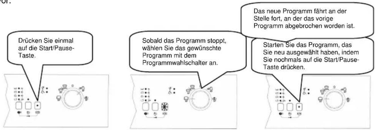 Drücken Sie einmal auf die Start/Pause-Taste. Sobald das Programm stoppt, wählen Sie das gewünschte Programm mit dem Programmwahlschalter an. Das neue Programm fährt an der Stelle fort, an der das vorige Programm abgebrochen worden ist. Starten Sie das Programm, das Sie neu ausgewählt haben, indem Sie nochmals auf die Start/Pause-Taste drücken.
