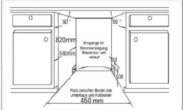 BOMANN GSPE 772.1 - Abbildung mit Abmessungen des Unterbaus und Einbauposition des Geschirrspülers - 1