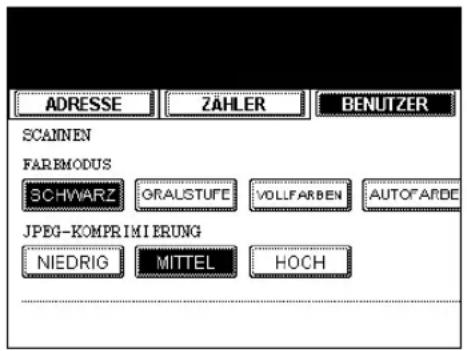 ADRESSE ZÄHLER BENUTZER SCANNEN FAREMODUS SCHWARZ GRALSTUFE VOLLFARBEN AUTOFARDE JPEG-KOMPRIMIERUNG NIEDRIG MITTEL HOCH