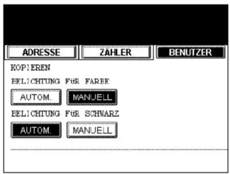 ADRESSE ZÄHLER BENUTZER KOPIEREN EELICHTUNG Für FARBE AUTOM. MANUELL EELICHTUNG Für SCHWARZ AUTOM. MANUELL