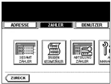 ADRESSE ZAHLER BENUTZER GESAMT ZÄHLER DRUCKEN GESAMTZÄHLER ABTEILUNG ZÄHLER MANA ZURÜCK
