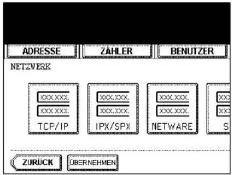 ADRESSE ZÄHLER BENUTZER NETZWERK XXX.XXX. XXX.XXX. TCP/IP XXX.XXX. XXX.XXX. IPX/SPX XXX.XXX. XXX.XXX. NETWARE S ZURÜCK ÜBERNEHMEN
