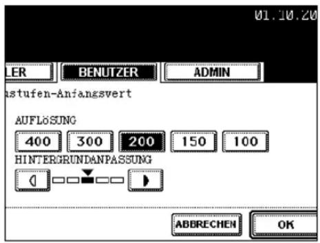 01.10.20 LER BENUTZER ADMIN istufen-Anfangsvert AUFLOSUNG 400 300 200 150 100 HINTERGRUNDANPASSUNG ABBRECHEN OK