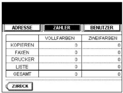 ADRESSE ZAHLER BENUTZER VOLFFARBEN ZWEIFARBEN KOPIEREN 0 0 FAXEN 0 0 DRUCKER 0 0 LISTE 0 0 GESAMT 0 0 ZURÜCK