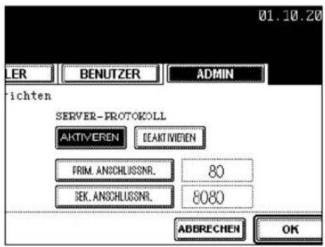 01.10.20 LER BENUTZER ADMIN richten SERVER-PROTOKOLL AKTIVIEREN DEAKTIVIEREN PRIM.ANSCHLUSSNR. 80 SEK.ANSCHLUSSNR. 8080 ABBRECHEN OK