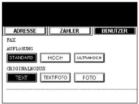 ADRESSE ZÄHLER BENUTZER FAX AUFLOSUNG STANDARD HOCH ULTRAHOCH ORIGINALKODUS TEXT TEXT/FOTO FOTO