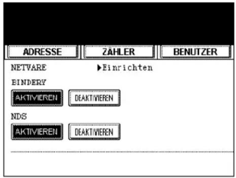 ADRESSE ZAHLER BENUTZER NETVARE ▶Einrichten BINDERY AKTIVIEREN DIAKTIVIEREN NDS AKTIVIEREN DIAKTIVIEREN