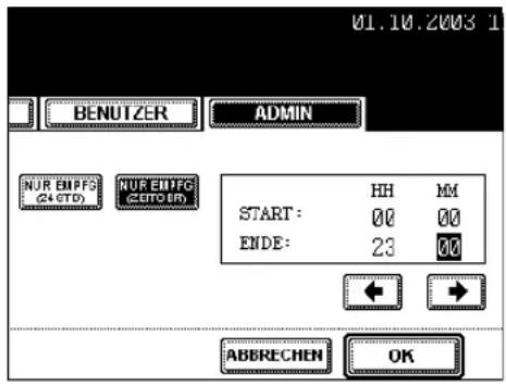 01.10.2003 BENUTZER ADMIN NUR EMPFG (2+ STD) NUR EMPFG (CETTO IR) START: HH MM 00 00 ENDE: 23 00 ABBRECHEN OK