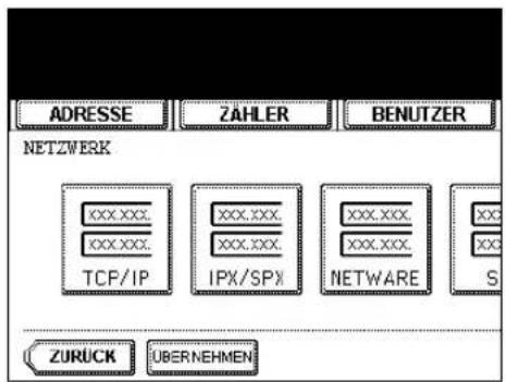 ADRESSE ZÄHLER BENUTZER NETZWERK XXX.XXX. XXX.XXX. TCP/IP XXX.XXX. XXX.XXX. IPX/SPX XXX.XXX. XXX.XXX. NETWARE S ZURÜCK ÜBERNEHMEN