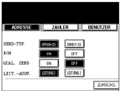 ADRESSE ZAHLER BENUTZER SEND-TYP SPEICH-50 DIRECT-50 ECM ON OFF QUAL. SEND ON OFF LEIT. -AUSV. LEITUNG1 LEITUNG 2 ZURÜCKS.