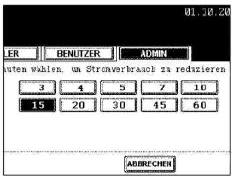 01.10.20 LER BENUTZER ADMIN auten wählen, um Stromverbrauch zu reduzieren 3 4 5 7 10 15 20 30 45 60 ABBRECHEN