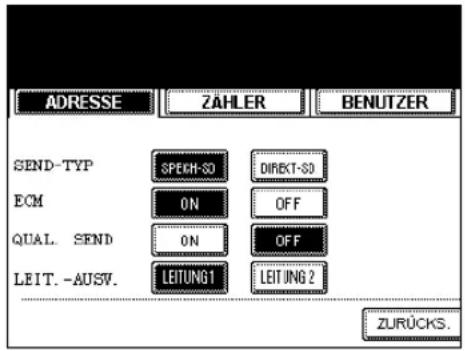ADRESSE ZÄHLER BENUTZER SEND-TYP SPECH-SO DIRECT-SO ECM ON OFF QUAL. SEND ON OFF LEIT. -AUSV. LEITUNG1 LEITUNG 2 ZURÜCKS.