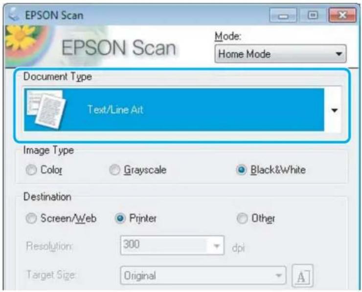 EPSON EcoTank L555 - Wählen Sie Text/Line Art (Text/Strichzeichnung) als Einstellung für Document Type (Vorlagenart). - 1