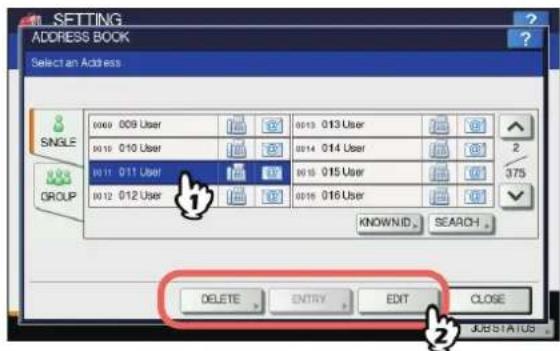 OKI MPS4242 - Der Kontakt wird im Touch Screen angezeigt. Drücken Sie auf den gewünschten Kontakt und danach auf [BEARBEITEN(EDIT)], um ihn zu bearbeiten. Oder drücken Sie [LÖSCHEN(DELETE)], um den Kontakt zu löschen. - 1