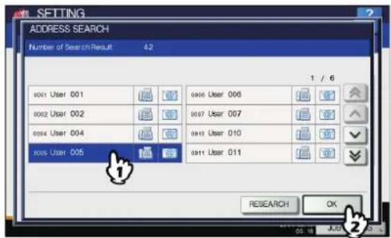OKI MPS4242 - Die Kontakte werden im Touch Screen angezeigt. Drücken Sie auf den gewünschten Kontakt und danach auf [OK], um ihn zu bearbeiten. - 1