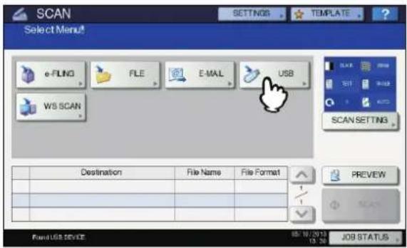 OKI MC770 - Wenn auf dem Touchscreen die Meldung "USB-SPEICHERMEDIUM gefunden" angezeigt wird, drücken Sie [USB]. - 1