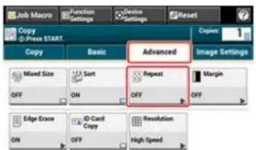 Job Macro Function Settings Device Settings Reset Copy Press START Copies Copy Basic Advanced Image Settings Mixed Size Sort Repeat Margin OFF ON OFF OFF Edge Erase ID-Card Copy Resolution ON OFF High Speed
