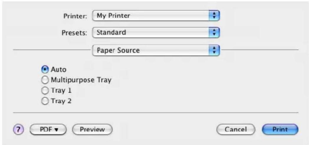 Printer: My Printer Presets: Standard Paper Source Auto Multipurpose Tray Tray 1 Tray 2 ? PDF Preview Cancel Print