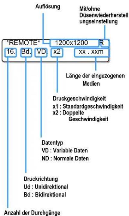 *REMOTE* 16. Bd. VD x2 xx . xxm Auflösung Mit/ohne Düsenwiederherstellungungseinstellung Länge der eingezogenen Medien Druckgeschwindigkeit x1 : Standardgeschwindigkeit x2 : Doppelte Geschwindigkeit Datentyp VD : Variable Daten ND : Normale Daten Druckrichtung Ud : Unidirektional Bd : Bidirektional Anzahl der Durchgänge