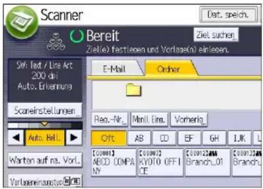 Scanner Bereit Ziel(e) fastlagen und Vorlage(n) einlegen. SW: Text / Line Art 200 dpi Auto. Erkennung Scaneinstellungen Auto. Hell Warten auf na. Vorl. Vorlageneinuustyp E-Mail Order Reg.-Nr.. Manll. Eing. Vorherlig. Oft AB CD EF GH LJK L [00001] ABCD COMPANY [00007] KYOTO OFFICE [000123] Branch_01 [000133] Branch_L
