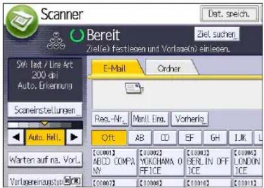 Scanner Dat. speich. Bereit Ziel. suchen_ Ziel(e) festlegen und Vorlage(n) einleben. E-Mail Order Req.-Nr. Manl. Ein. Vorherig. Oft AB CD EF GH LJK Warten auf na. Vorl. [00001] ABOD COMPANY YOKOHAMA O FFICE [00002] [00003] BERLIN OFF ICE [00004] LONDON ICE [00007] [00008] [00010] [00011]
