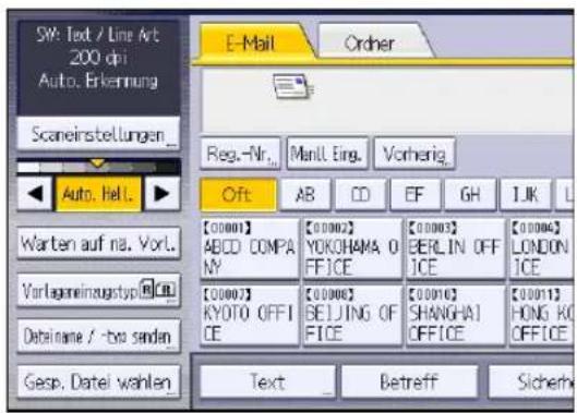SW: Text / Line Art 200 dp Auto. Erkennung Scaneinstellungen Auto. Hell. Reg.-Nr. ManLL Eing. Vorherig. Oft AB CD EF GH IJK L Warten auf na. Vorl. [00001] ABCD COMPANY YOKOHAMA OFFICE [00003] BERLIN OFFICE [00004] LONDON ICE Vorlageneinzugstyp@CB [00007] KYOTO OFFICE [00008] BEIJING OFFICE [00010] SHANGHAI OFFICE [00011] HONG KONG OFFICE Datiname / -bas sandan Gesp. Datel wählen Text Betreff Sicherh