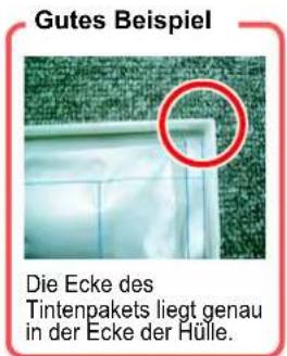 Gutes Beispiel Die Ecke des Tintenpakets liegt genau in der Ecke der Hülle.