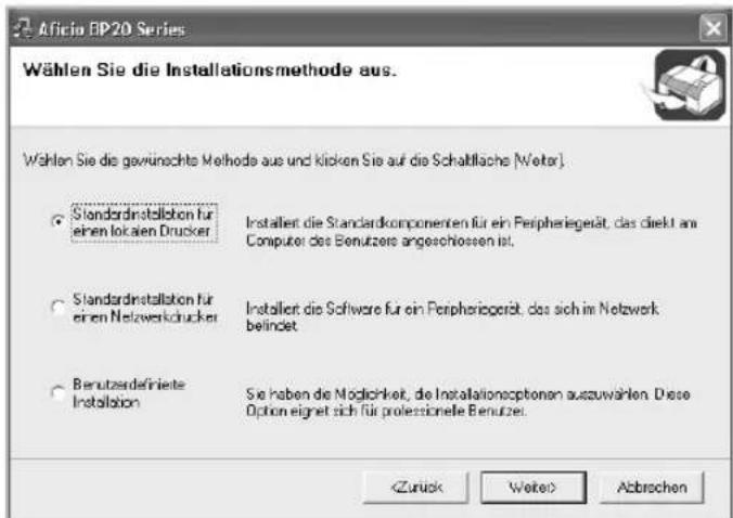 Wählen Sie die Installationsmethode aus. Wählen Sie die gewünschte Methode aus und klicken Sie auf die Schaffläche [Water]. Standard installation für einen lokalien Drucker Installiert die Standardkomponenten für ein Peripheriergerät, das direkt am Computer des Benutzers angeschlossen ist. Standard installation für einen Netzwerkdrucker Installiert die Software für ein Peripheriergerät, das sich im Netzwerk belindet. Benutzerdefinierte Installation Sie haben die Möglichkeit, de Installationsoptionen auszuwählen. Diese Option eignet sich für professionelle Benutze. Abbrachen