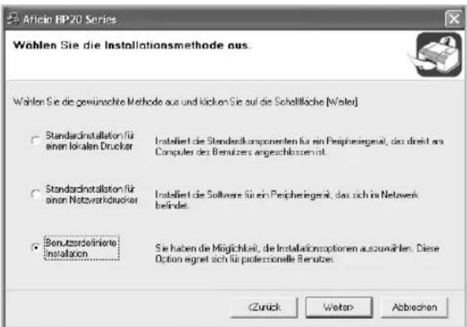 Afinio BP20 Series Wählen Sie die Installationsmethode aus. Wählen Sie die gewünschte Methode aus und kücken Sie auf die Schottfläche [Welter] Standard installation für einer lokalen Drucker Installiert die Stenderkomponenten für ein Peipheriegender, das direkt am Computer des Benutzers angeschlossen ist. Standard installation für aner Netzwerkdrucker Installiert die Software für ein Peipheriegender, das sich im Netwerk belindet. Benutzdefinierte Installation Sie haben die Möglichkeit, die Installationoptionen auszuwählen. Diese Option eignet sich für professionelle Benutzer.