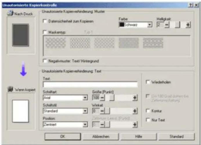 Unautorisierte Kopierkontrolle Nach Druck Unautorisierte Kopiervehinderung: Muster Datensicherheit zum Kopieren Farber Schwarz Helligkeit Maskenyp: Top 1 Negativmuster: Text/Hintergrund Wenn kopiert Unautorisierte Kopiervehinderung: Text Text: Schriftalt Anzil Große (Punkt) 100 Winkel Standard Position: Zentiert Zellenzen-Large (Punkt) Wiedeholten Ein 100 Grad frühen bis Zellenumschaltung Kontur Nur Text OK Abbrechen Hille Standard