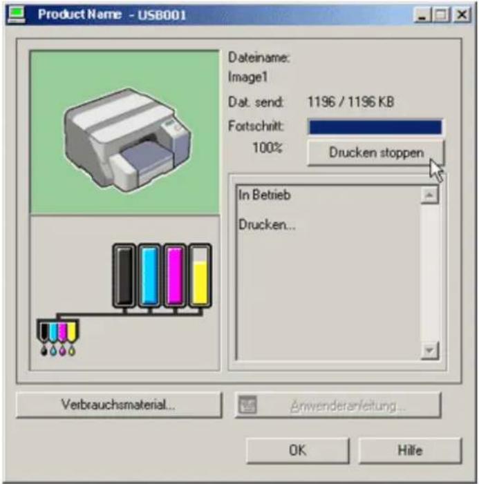 Product Name - USB001 Dateiname: Image1 Dat. send: 1196 / 1196 KB Fortschrift: 100% Drucken stoppen In Betrieb Drucken... Verbrauchsmaterial... Anwenderarbeitung... OK Hilfe