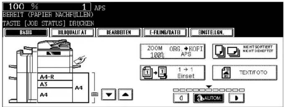 100 % 1 APS BEREIT (PAPIER NACHFULLEN) TASTE [JOB STATUS] DRUCKEN BASIS BILDQUALITAT BEARBEITEN E-FILING/DATEI EINSTELGN. ZOOM ORG → KOFI 100% APS NICHT SORTIERT Nicht DEHEFTET 1 → 1 Einset TEXT/FOTO A4-R A3 A4 ↓ ▼ AUTOM