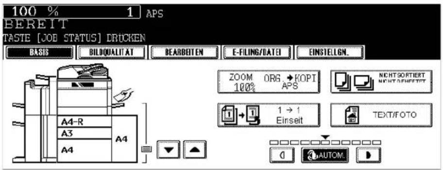 100 % 1 APS BEREIT TASTE [JOB STATUS] DRUCKEN BASIS BILDQUALITAT BEARBEITEN E-FILING/DATEI EINSTELLGN. ZOOM ORG KOPPI 100% APS NICHT SORTIERT NIGHT SORRIET A4-R Einseit TEXT/FOTO A3 A4 ↓ ↓ AUTOM