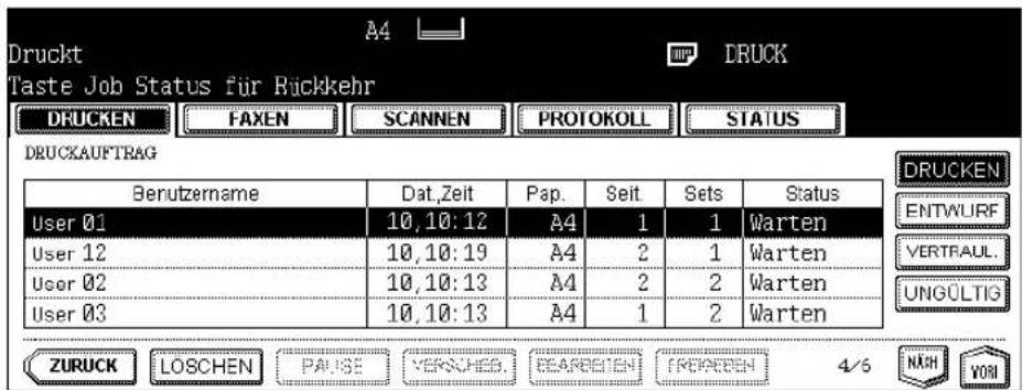 Druckt Taste Job Status für Rückkehr DRUCKEN FAXEN SCANNEN PROTOKOLL STATUS DRUCKAUFTRAG Berutzername Dat,Zeit Pap. Seit Sets Status User 01 10,10:12 A4 1 1 Warten User 12 10,10:19 A4 2 1 Warten User 02 10,10:13 A4 2 2 Warten User 03 10,10:13 A4 1 2 Warten DRUCKEN ENTWURF VERTRAUL. UNGÜLTIG ZURUCK LOSCHEN PAUSE VERKAHES. BEARBEIEN TREPEEN 4/6 NÄKH VORI