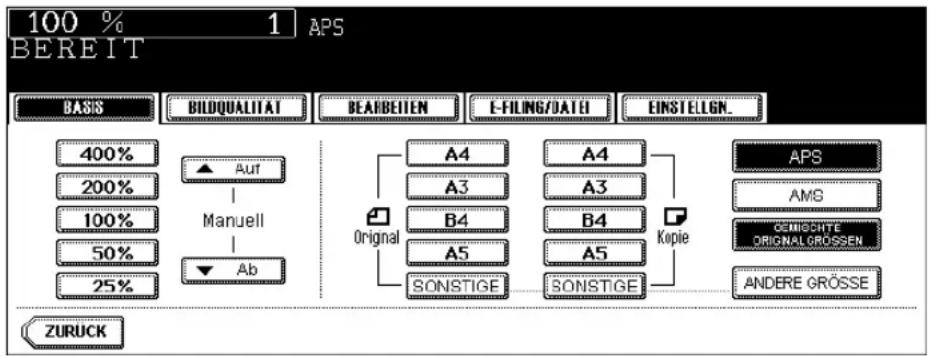 TOSHIBA E-Studio 720 - Wählen Sie die automatische Papierwahl (APS) oder die automatische Vergrößerungsauswahl (AMS). - 1