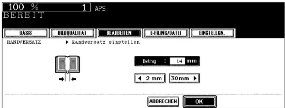 100 % 1 APS BEREIT BASIS BILDQUALITAT BEARBEITEN E-FILING/DATE EINSTELGN. RANDVERSATZ ▶ Randversatz einstellen Betrag : 14 mm 2 mm 30mm ▶ ABBRECHEN OK