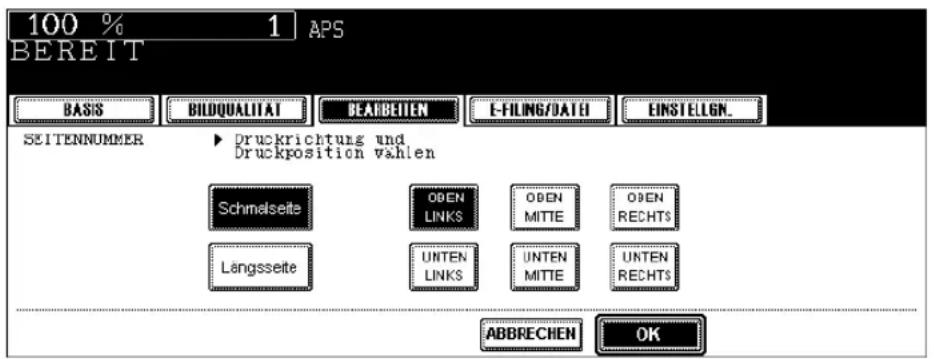 100 % 1 APS BEREIT BASIS BILDQUALITAT BEARBEITEN E-FILING/DATE EINSTELLGN. SEITENNUMMER ▶ Druckrichtung und Druckposition vahlen Schmelseite OBEN LINKS OBEN MITTE OBEN RECHTS Längsseite UNTEN LINKS UNTEN MITTE UNTEN RECHTS ABBRECHEN OK