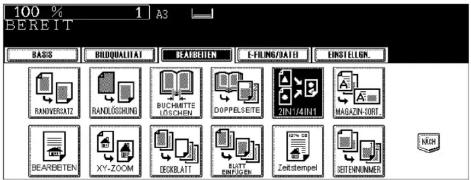 100 % 1 A3 BEREIT BASIS BILDQUALITAT BEARBEITEN E-FILING/DATE EINSTELIGN. RANDVERSATZ RANDLÖSCHUNG BUCHMITTE LÖSCHEN DOPPELSEITE 2IN1/4IN1 MAGAZIN-SORT. BEARBETEN XY-ZOOM DECKBLATT BLATT EINFÜGEN Zeitstempel SEITENNUMMER NACH