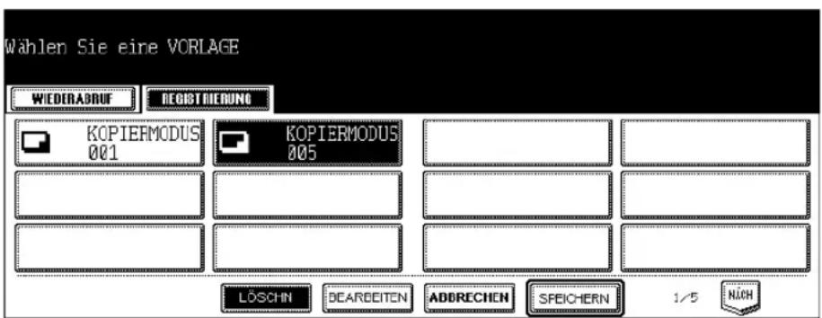 Wählen Sie eine VORLAGE WIEDERADRIUF DEGIST MIERUNG KOPIERMODUS 001 KOPIERMODUS 005 LOSCHN BEARDEITEN ADDRECHEN SFEICHERN 1/5 NICH