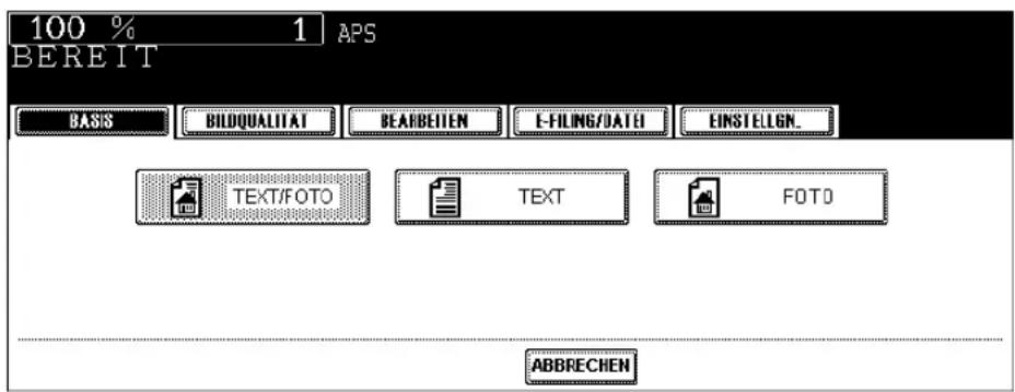 100 % 1 APS BEREIT BASIS BILDQUALITAT BEARBEITEN E-FILING/DATEI EINSTELIGN... TEXT/FOTO TEXT FOTO ABBRECHEN