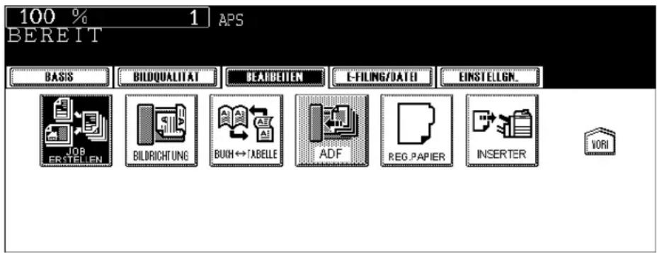100 % 1 APS BEREIT BASIS BILDQUALITAT BEARBEITEN E-FILING/DATE EINSTELGN. JOB ERSTELLEN BILDRICHTUNG BUCH↔TABELLE ADF REG.PAPIER INSERTER VORI
