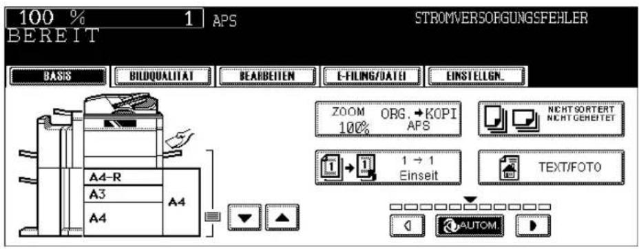 100 % 1 APS BEREIT STROMVERSORGUNGSFEHLER BASIS BILDQUALITAT BEARBEITEN E-FILING/DATE EINSTELGN. ZOOM ORG.→KOPI 100% APS NichtSORTERT NichtGEHEETET 1 → 1 Einseit TEXT/FOTO A4-R A3 A4 AUTOM.