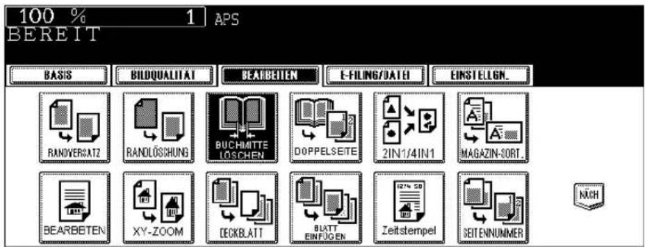 100 % 1 APS BEREIT BASIS BILDQUALITAT BEARBEITEN E-FILING/DATE EINSTELGN. RANDVERGATZ RANDLOSCHUNG BUCHMITTE LÖSCHEN DOPPELSEITE 2IN1/4IN1 MAGAZIN-SORT. BEARBETEN XY-ZOOM DECKBLATT BLATT EINFÜGEN Zeitstempel SEITENNUMMER NACH