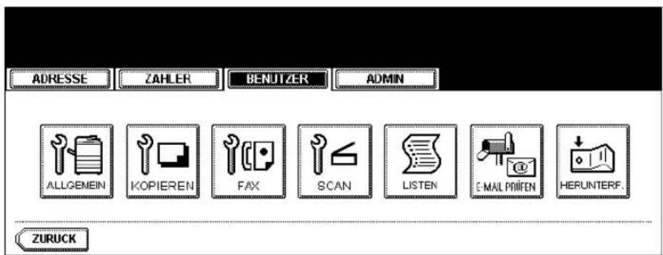 ADRESSE ZAHLER BENUTZER ADMIN ALLGEMEIN KOPIEREN FAX SCAN LISTEN E-MAIL PRIIFEN HERUNTERF. ZURUCK