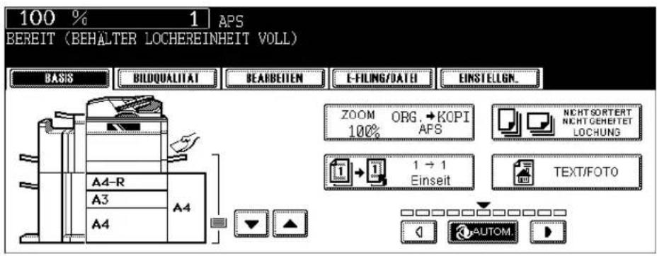 100 % 1 APS BEREIT (BEHALTER LOCHEREINHEIT VOLL) BASIS BILDQUALITAT BEARBEITEN E-FILING/DATE EINSTELGN. ZOOM ORG.→KOPI 100% APS NICHTSORTERT NichtGEHEETET LOCHUNG 1 → 1 Einseit TEXT/FOTO A4-R A4