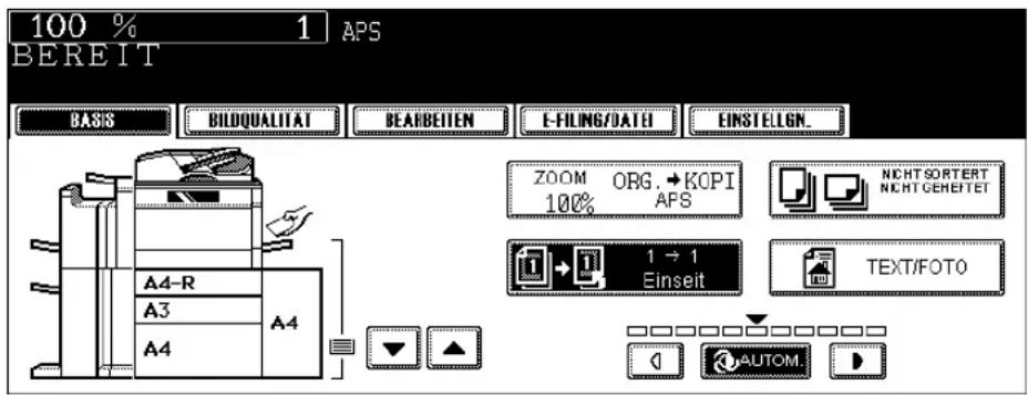 100 % 1 APS BEREIT BASIS BILDQUALITAT BEARBEITEM E-FILING/DATE EINSTELIGN. A4-R A4 A3 A4 ZOOM ORG.→KOPI 100% APS NICT SORTERT Nicht GEHEETET 1 → 1 Einseit TEXT/FOTO AUTOM