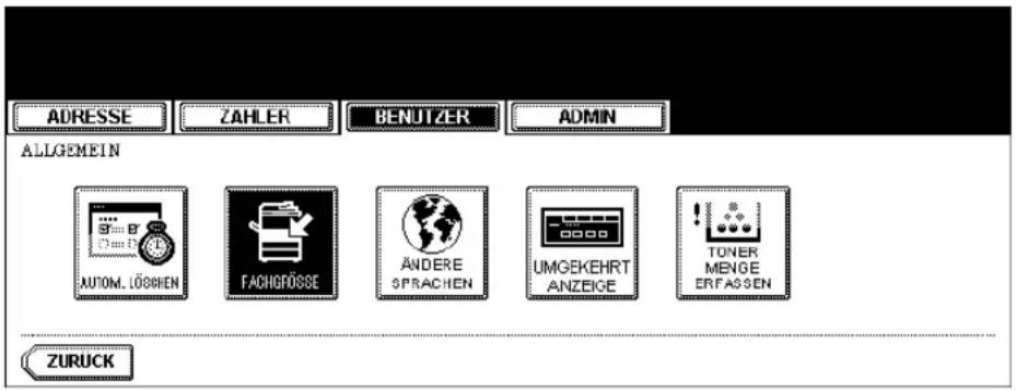 ADRESSE ZAHLER BENUTZER ADMIN ALLGEMEIN AUTOM., LÖGHEN FACHGROSSE ÄNDERESPRACHEN UMGEKEHRTANZEIGE TUNERMENGEERFASSEN ZURUCK