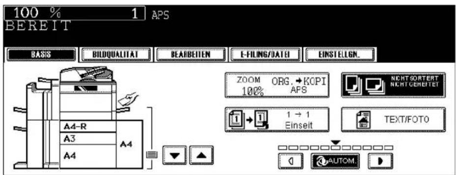 100 % 1 APS BEREIT BASIS BILDQUALITAT BEARBEITEN E-FILING/DATE EINSTELGN. A4-R A4 A3 A4 ZOOM ORG →KOPI 100% APS NichtSORTERT NichtGENETTET 1 → 1 Einseit TEXT/FOTO AUTOM